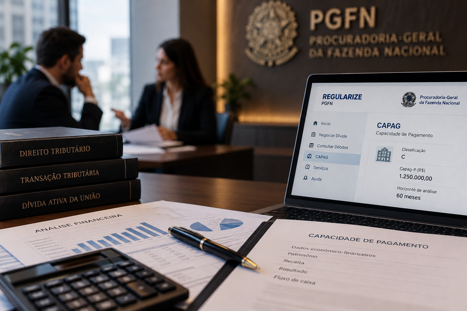 Análise financeira e documentos tributários em reunião sobre negociação de dívida empresarial com a PGFN.