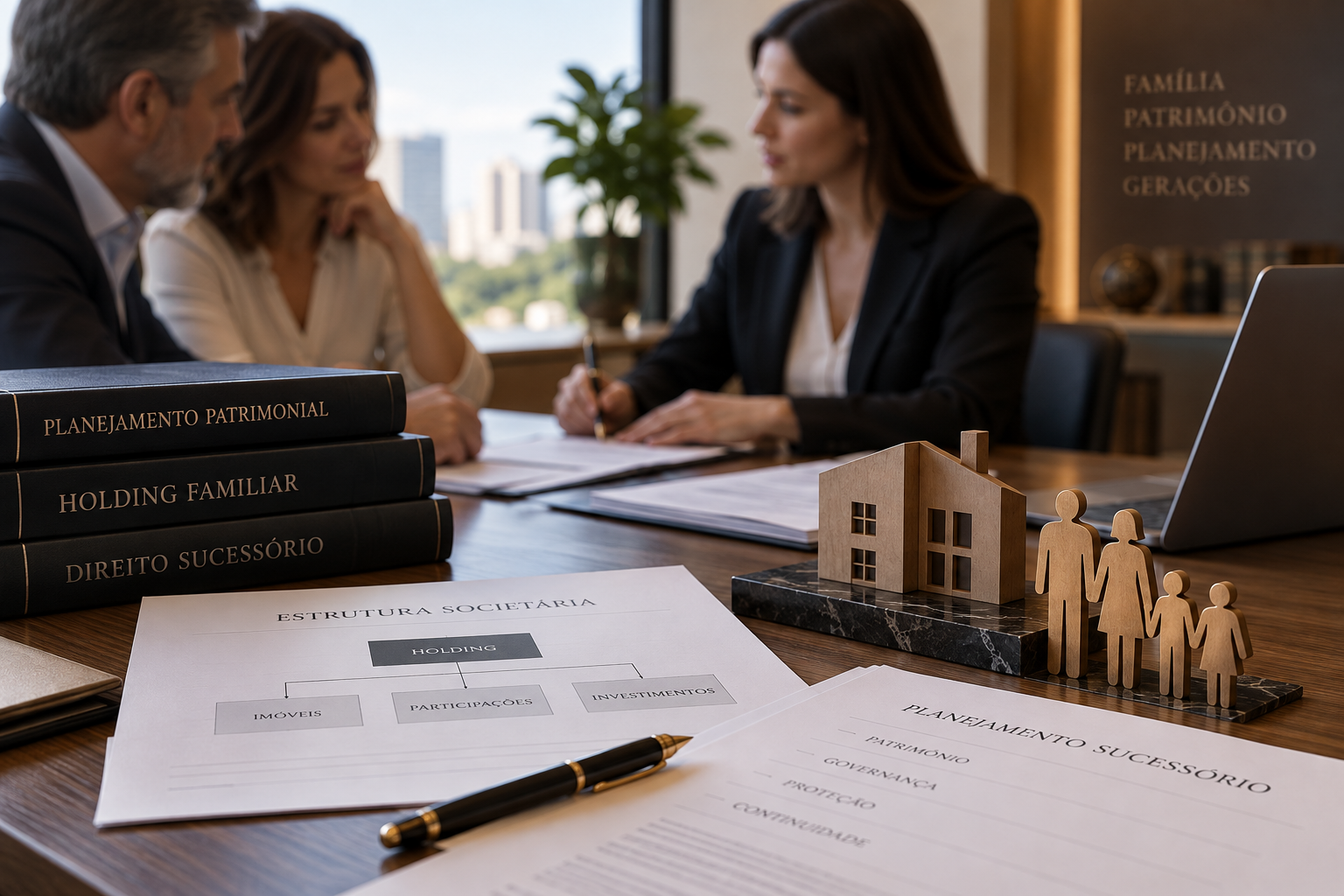 Documentos societários e patrimoniais analisados durante reunião sobre estruturação de holding familiar, participação societária e planejamento sucessório.